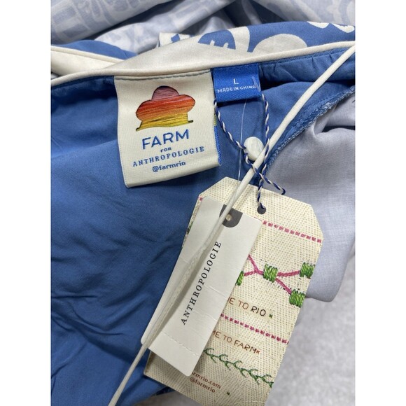 Anthropologie Farm Rio Maxi Dress Blue V Neck Puff Sleeve Preppy Boho Large NWT - Picture 12 of 12